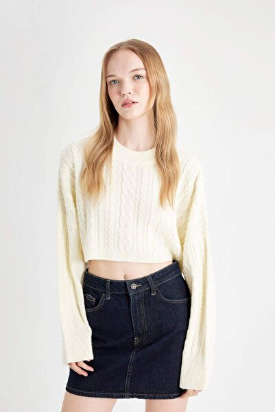 DeFacto Coool Regular Fit Crop Bisiklet Yaka Saç Örgülü Triko Kazak T4518AZ24WN