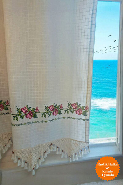 MZN Home Kırmızı Kanaviçe Işlemeli Otantik Bodrum Işi Monika Perde (EN X BOY)...