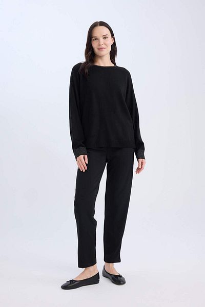 DeFacto Regular Fit Crew Neck Glitter Raglan Sleeve Black Knitwear Sweater Tunic D1580Ax24Wn