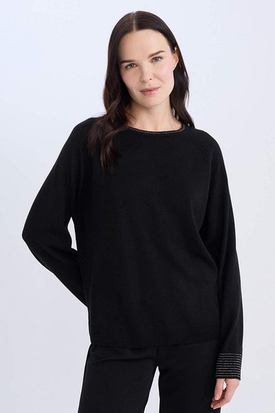 DeFacto Regular Fit Crew Neck Glitter Raglan Sleeve Black Knitwear Sweater Tunic D1580Ax24Wn