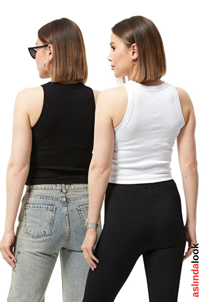 Aslında Look Short Sleeve Strap Halter Neck Ribbed Bady Undershirt - Comfortable Fit Black - White 2-Piece - Length 50 cm