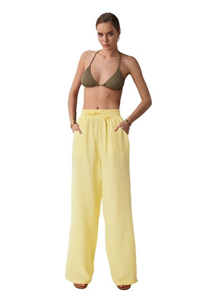 clavia Muslin Palazzo Pants, Comfortable Fit Wide Leg High Waist Summer Muslin Fabric Trousers Lemon Yellow