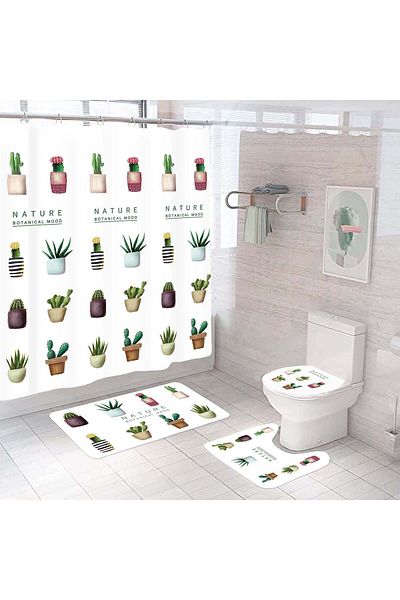 Ella Home Italia Set 4 piese baie, husa capac, covoras toaleta, covoras de baie, perdea de dus, model Nature
