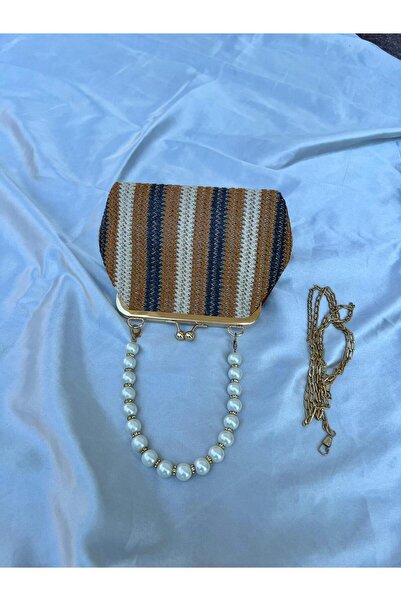 EBROU Straw Handbag with Soley Pearls and Chain Cross Shoulder Bag