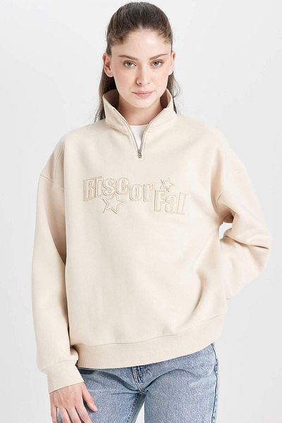 DeFacto Loose Fit Half Zippered Stand Collar Printed Thick Sweatshirt 3183778