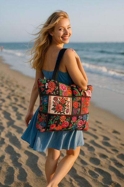 MER HOME Cross Stitch Patterned Zippered Lined Beach Bag Daily Shoulder Bag