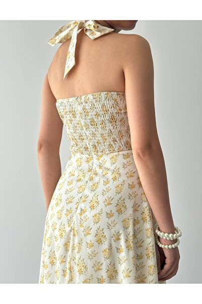 Julidress Sarı Çiçek Desenli Boyundan Bağlamalı Premium Elbise