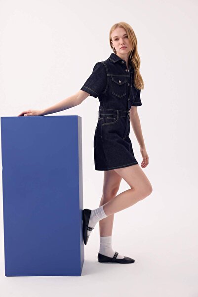 DeFacto Fashion Fit Gömlek Yaka Cepli Kısa Kollu Midi Jean Elbise D5809AX24WN