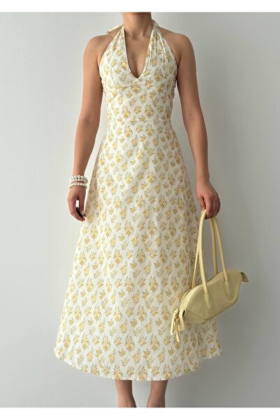 Julidress Sarı Çiçek Desenli Boyundan Bağlamalı Premium Elbise