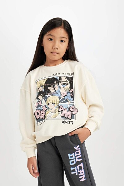 DeFacto Kız Çocuk Oversize Geniş Kalıp Bisiklet Yaka Baskılı Sweatshirt D0611A824AU