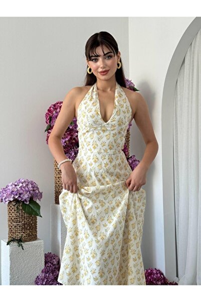 Julidress Sarı Çiçek Desenli Boyundan Bağlamalı Premium Elbise