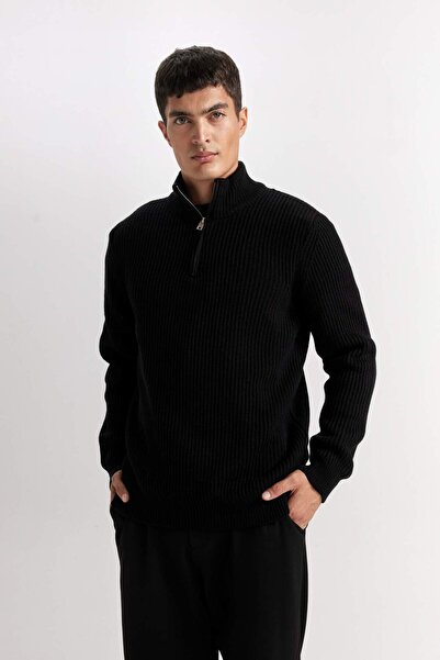 DeFacto Standard Fit Regular Cut Stand Collar Zippered Basic Plain Knitwear Sweater B0578Ax24Wn
