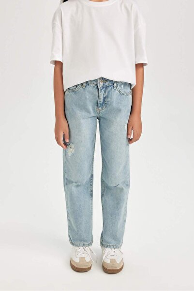 DeFacto Kız Çocuk Straight Fit Yırtık Detaylı Düz Paça Cepli Jean Pantolon D3370A824WN
