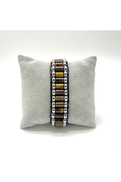 YILDIZ DOĞAL TAŞ Sertifikalı Kaplan Gözü ve Hematit Silindir Kesim Kilitli Doğal Taş Deri Erkek Bileklik