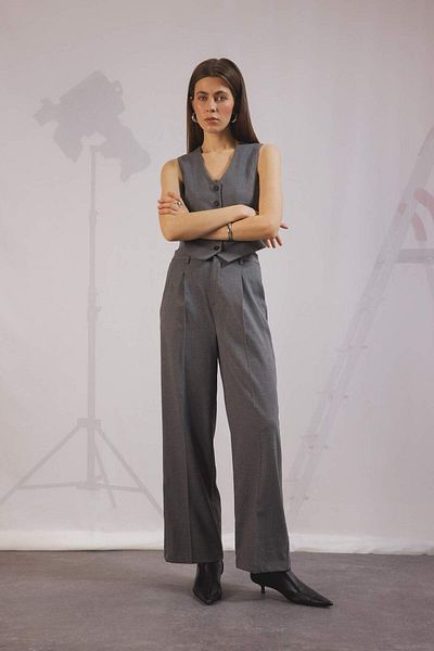 DeFacto Pantaloni clasici gri cu cleme, picior lat, picior lat, picior largi, de bază, drept, lungime, talie înaltă, buzunar 25k801t03164