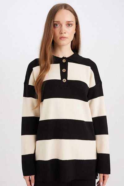 DeFacto Polo cu guler cu nasturi, cu linie, pulover cu dungi D2442AX24WN