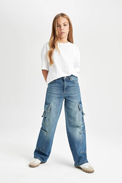 DeFacto Kız Çocuk Wide Leg Kargo Cepli Geniş Bol Paça Jean Pantolon D7176A824WN