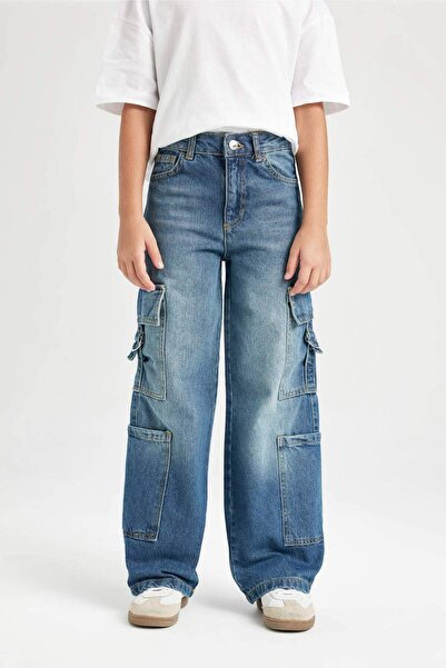 DeFacto Kız Çocuk Wide Leg Kargo Cepli Geniş Bol Paça Jean Pantolon D7176A824WN