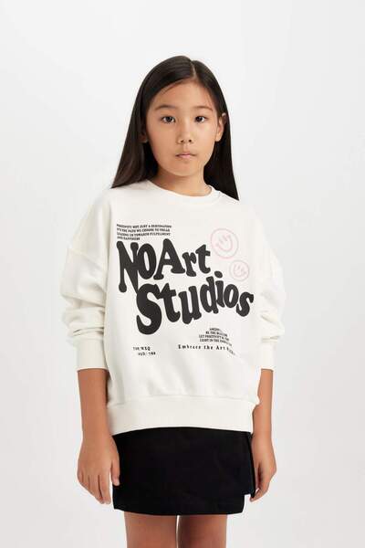 DeFacto Kız Çocuk Oversize Geniş Kalıp Bisiklet Yaka Baskılı Sweatshirt D6491A8NS