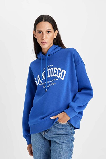 DeFacto Oversize Geniş Kalıp Kapüşonlu Baskılı Kalın Sweatshirt D5291AX24AU