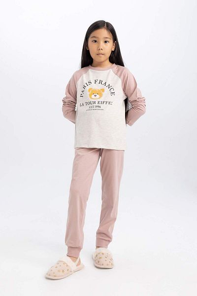 DeFacto Girls' Pajamas Set Printed Long Sleeve Top with Elastic Waist Long Bottom D3726A824Au