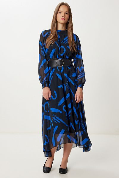 Lovelyİstanbul Rochie din șifon cu volan cu model de centură LFG0063 NEGRU ALBASTRU