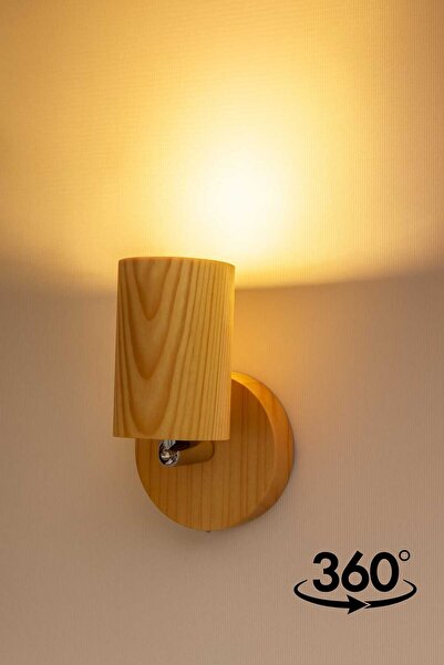Aysem Wood Duvar Aplik 360° Dönebilen Silindir Yansıtma Tasarımlı Tek Yönlü Ahşap Salon Hol Cafe Otel Aplik
