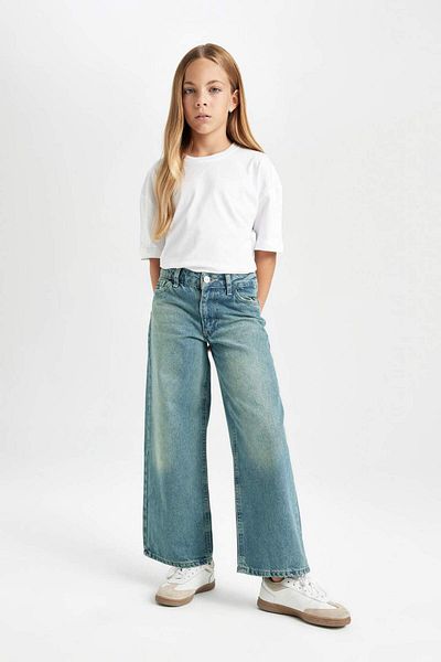 DeFacto Pantaloni largi din denim pentru fete, cu picioare late, cu buzunare D3525A824WN