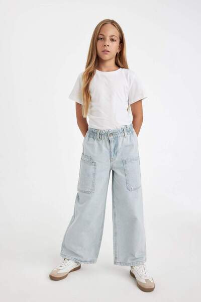 DeFacto Kız Çocuk Okul Wide Leg Geniş Paça Beli Lastikli Cepli Jean Pantolon A6314A824AU