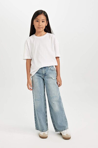DeFacto Kız Çocuk Wide Leg Jean Pantolon Yırtık Detaylı Cepli Geniş Bol Paça D3371A824WN