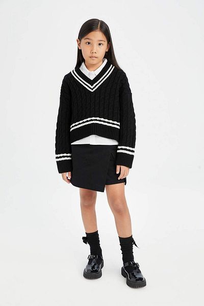 DeFacto Geflochtener Strickpullover mit V-Ausschnitt für Mädchen D8557a8ns