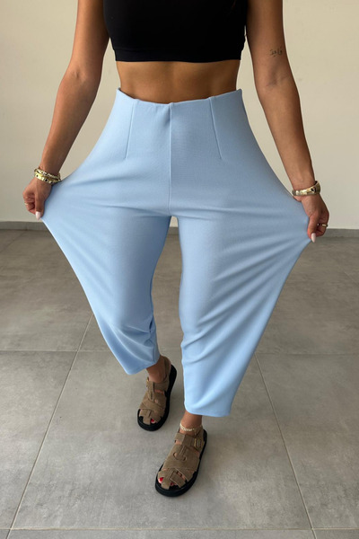 Paw Garage Women's Bernis Blue Balloon Pants, Elastic Waist Baggy Model Crepe Balloon Pants Hiding the Basen
