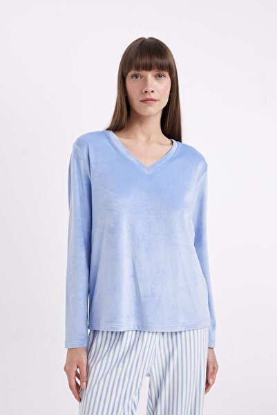 DeFacto Fall in Love Pijama Takım V Yaka Basic Düz Uzun Kollu Velur Üst Çizgili Beli Lastikli Alt A6205AX2
