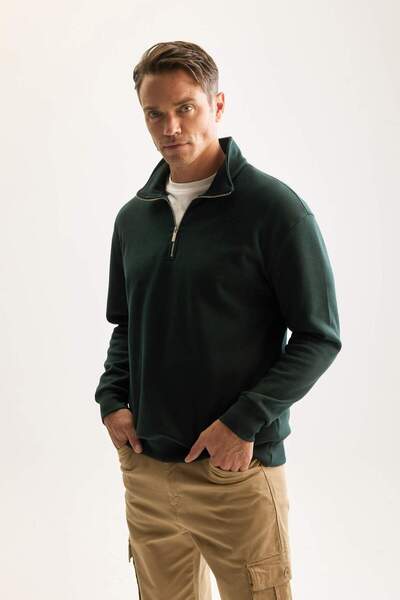 DeFacto 3 İplik Pamuklu Şardonlu İçi Polarlı Comfort Regular Fit Rahat Kalıp Dik Yaka Fermuarlı Kalın Sweats