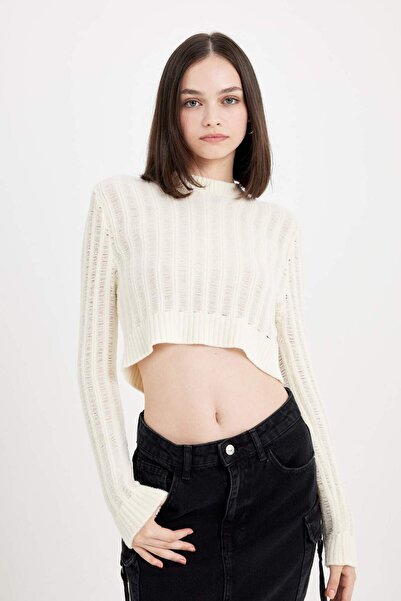 DeFacto Regular Fit Crop Bisiklet Yaka Örgü Delikli Triko Kazak C6321AX24WN