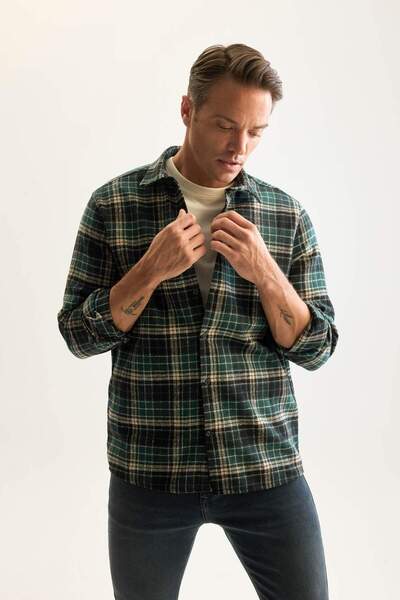 DeFacto Regular Fit Polo Yaka Kareli Oduncu Flanel Uzun Kollu Gömlek D7191AXNS