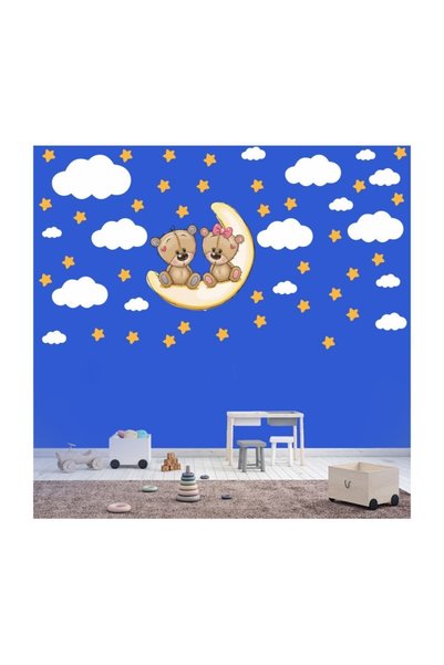 KT Decor Cute Twin Bears Stars And Clouds Kids Room Sticker