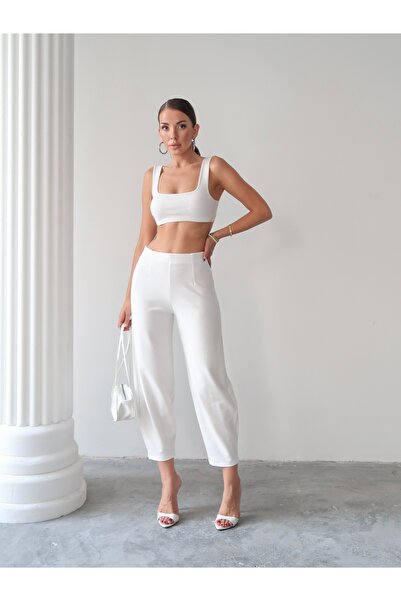 Paw Garage Pantaloni Bernis albi pentru femei, model Shalwar cu talie elastică, pantaloni balon din crep, care ascund bărbii