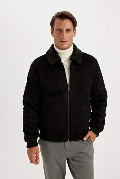 DeFacto Slim Fit semišový kabát s podšívkou Košilový límec slim fit s kapsami Umělá kožešina A3869Ax24Wn