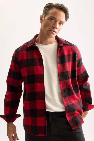 DeFacto Tricou polo din flanel cu mânecă lungă - Potrivire pentru lemne, guler în carouri D7191axns
