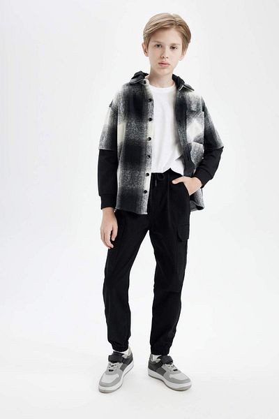 DeFacto Boy's Black Gabardine Jogger Pants - Cargo Pocket, Waist Lace, Elastic Leg A9393A824Au