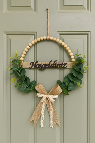 MACROMEKİDS Doğal Görünümlü Yapay Okaliptus Bitkisi Boncuklu Hoşgeldiniz Dekoratif Kapı Süsü- 30 cm