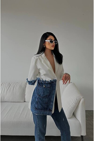 WellSoft سترة جينز صيفية بتصميم خاص بأكمام واحدة - مبطنة