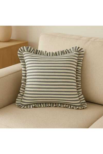 HOME ART ATELIER hand made غطاء وسادة مخطط باللون الرمادي والبني من الكتان ال...