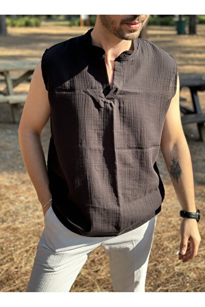 Paseam Atelier Sıfır Kol Hakim Yaka Müslin Kumaş Yazlık Erkek T-Shirt