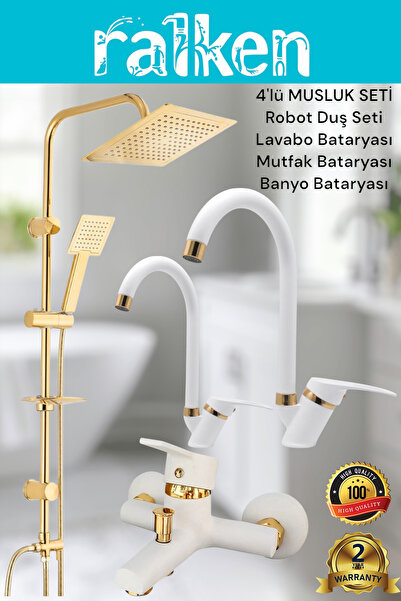 RALKEN Lüx Beyaz Gold 4’lü Banyo Seti Altın Robot Tepe Duş, Banyo, Lavabo, Ev...