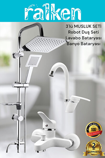 RALKEN Lüx Beyaz 3’lü Banyo Musluk Seti Robot Tepe Duş, Banyo, Lavabo Batarya...
