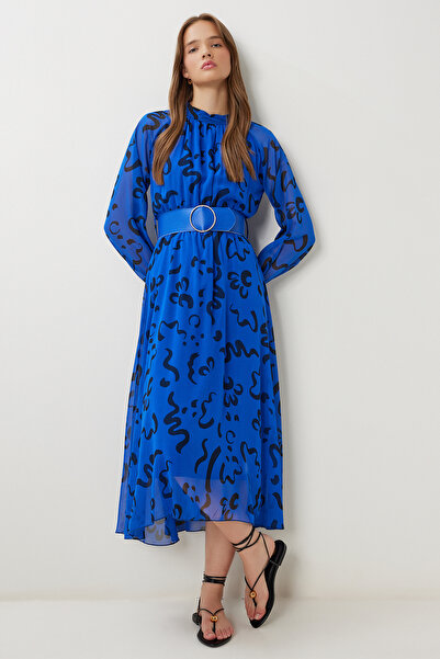 Lovelyİstanbul Φόρεμα σιφόν με μοτίβο με ζώνη LFG0075 ΣΚΟΥΡΟ ΜΠΛΕ