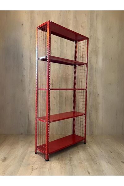 RafBurada ® 5 Katlı 31x60-200 Cm Kırmızı Renkli Tel Kafes Çelik Raf. Dekoratif Raf