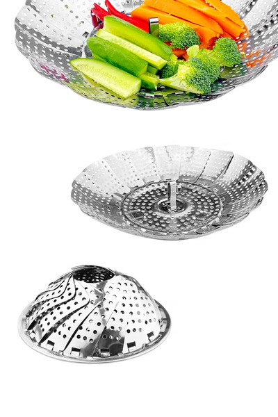 MEZİGARC Katlanır Buharda Sebze Pişirici Haşlayıcı Haşlama Sepeti Aparatı Paslanmaz Çelik Buharlı Pişirici